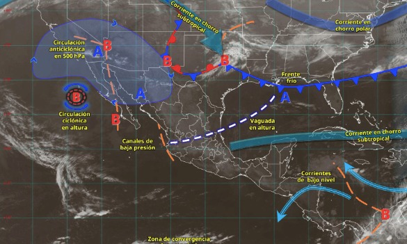 Imagen satelital de México con flechas y líneas indicando los sistemas metereológicos activos en el país