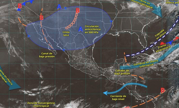 Mapa de México con flechas y líneas indicando los sistemas meteorológicos activo