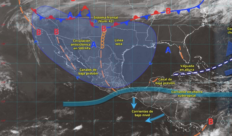 Mapa de México con flechas y líneas indicando los sistemas metereológicos activos