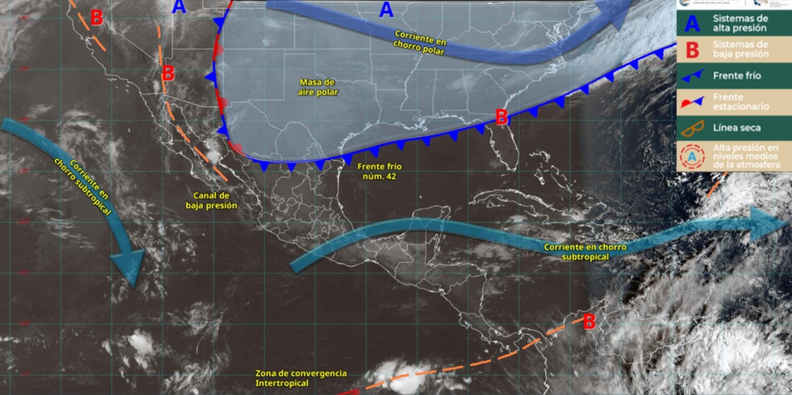 Mapa satelital de México con flechas y líneas indicando los sistemas metereológicos activos en el país