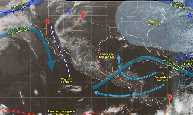 Mapa con flechas y líneas indicando los sistemas metereológicos activos en el país