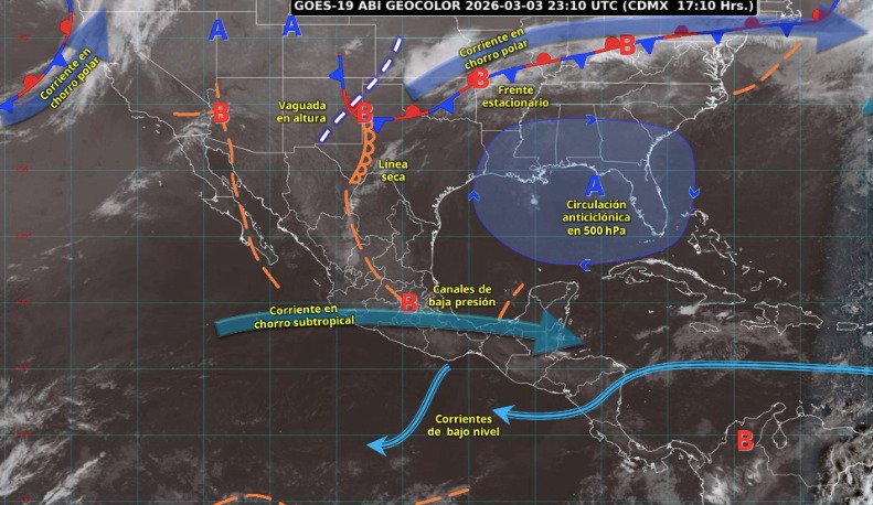 Imagen satelital de México indicando los sistemas meteorológicos activos en México