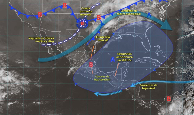 Mapa de México con flechas, líneas y figuras indicando los sistemas meteorológicos en la jornada del 11 de marzo de 2026