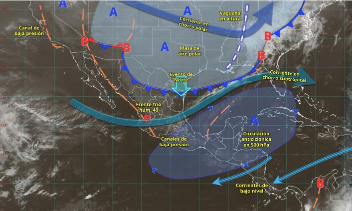 Imagen satelital de México indicando los sistemas meteorológicos activos en México con flechas y líneas