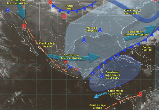 Imagen satelital de México con líneas y círculos indicando los sistemas meteorológicos activos en México