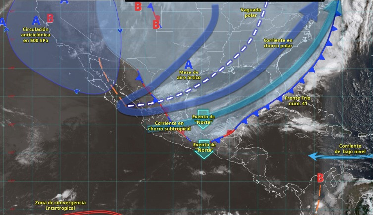 Imagen satelital de México indicando los sistemas meteorológicos activos en México