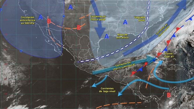 Imagen satelital de México con flechas y líneas indicando los sistemas meteorológicos activos en México