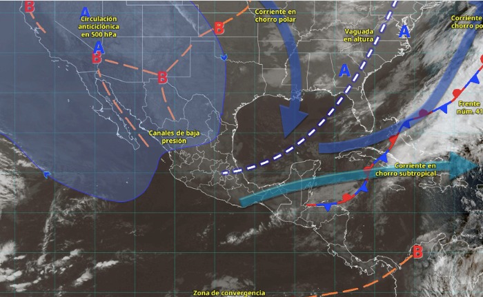 Mapa de México con flechas e ilustraciones de viento indicando los sistemas metereológicos activos hoy en el país