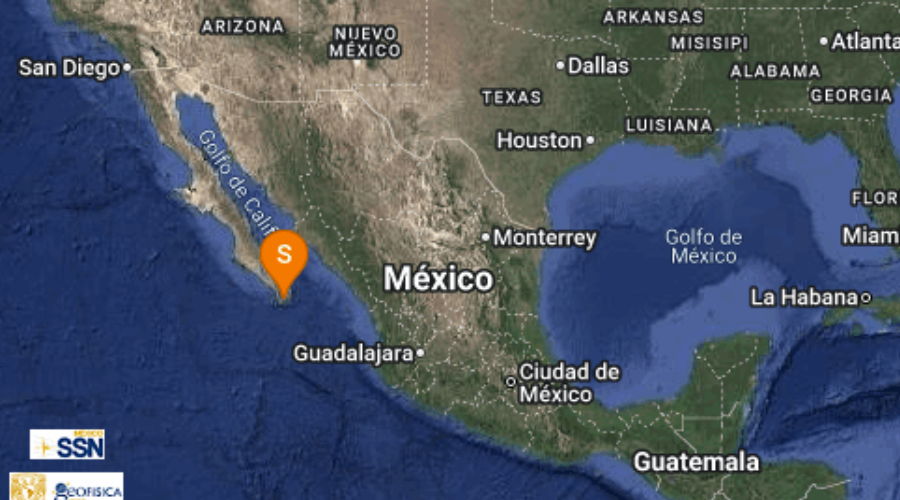 mapa con registro de sismo en Baja California Sur