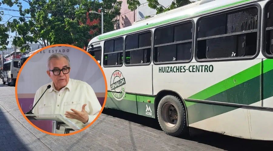 Camiones de transporte urbano en una calle y en un círculo el gobernador de Sinaloa, Rubén Rocha Moya