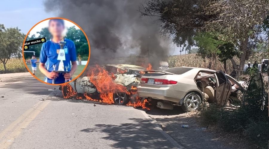 Dos carros en llamas en accidente en la carretera junto a un circulo con un joven con la cara difuminada