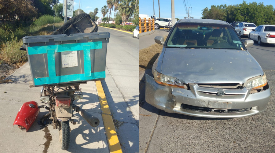 Motocicleta con el tanque en el piso y un carro con daños en frente