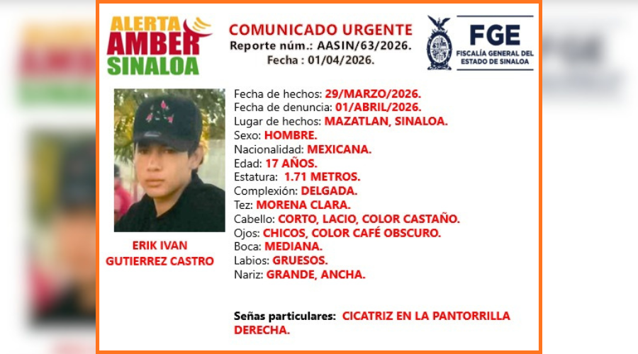 Ficha de búsqueda Alerta Amber del adolescente Erik Iván Gutiérrez
