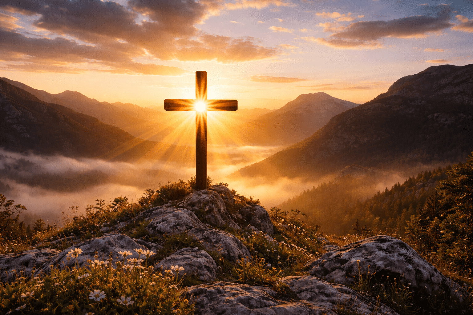 Imagen horizontal de una cruz resplandeciente al amanecer entre montañas, representando el Domingo de Resurrección con luz dorada, cielo parcialmente nublado y un paisaje natural que evoca paz, fe y renovación espiritual.