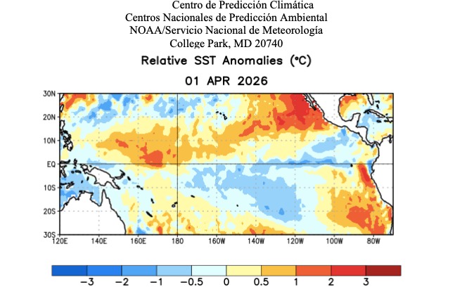 Mapa satelital indicando anomaías de la temperatura de la superficie del Oceano Pacífico