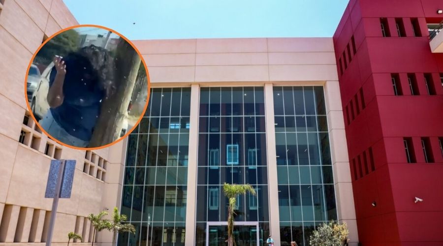 En grande parte exterior de hospital en Culiacán en circulo mujer siendo atacada por abejas