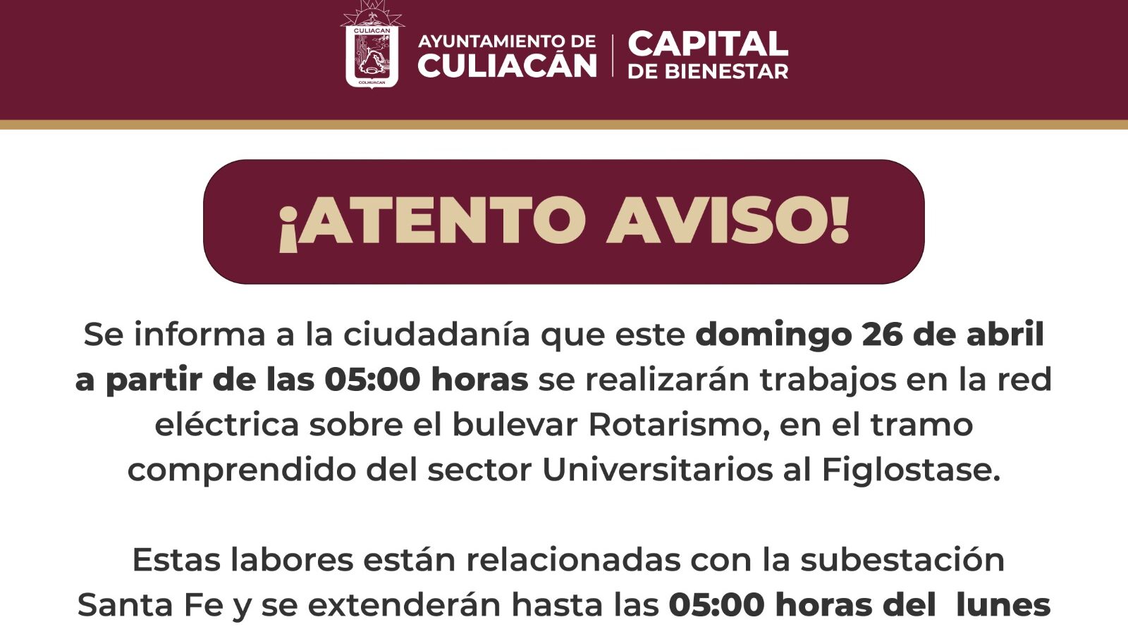 Aviso de cierre de bulevar Rotarismo, en Culiacán