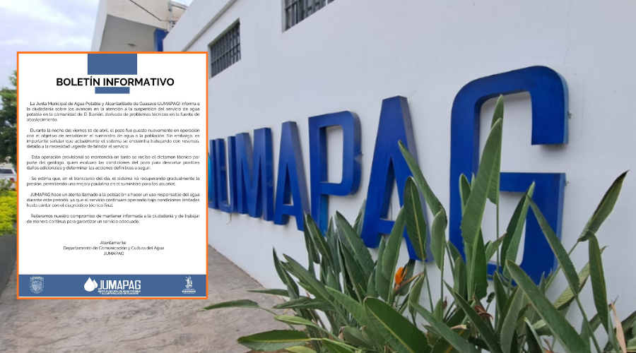 Fachada de edificio de la Jumapag junto un boletín informativo con borde naranja