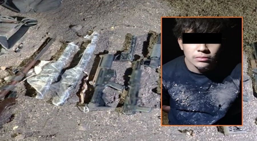 armas y una persona con el rostro cubierto