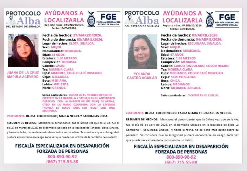 Fiscalía de Sinaloa activa el Protocolo Alba por desaparición de dos mujeres la zona sur de la entidad