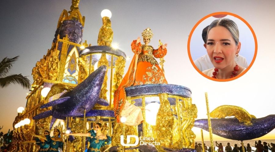 Carro alegórico del carmaval de Mazatlán 2026 junto a la Alcaldesa de Mazatlán
