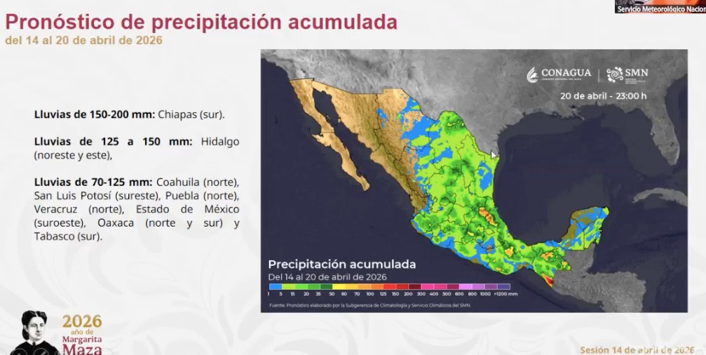 Pronóstico de precipitación acumulada del 14 al 20 de abril del 2026 en México. SMN