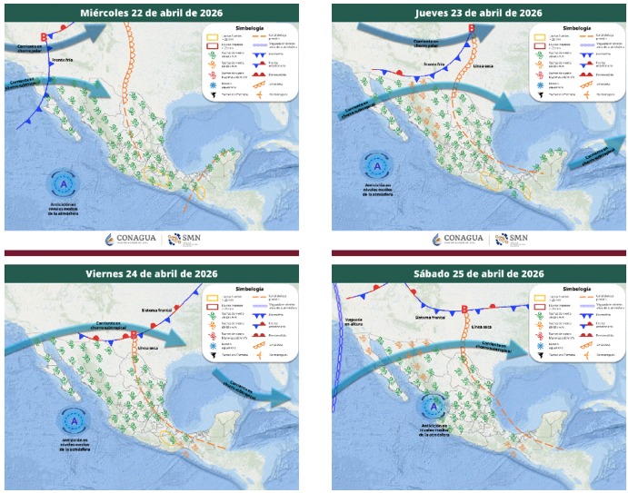 Mapas de México con flechas, líneas e íconos de viento indicando la probabilidad de tormentas en el país