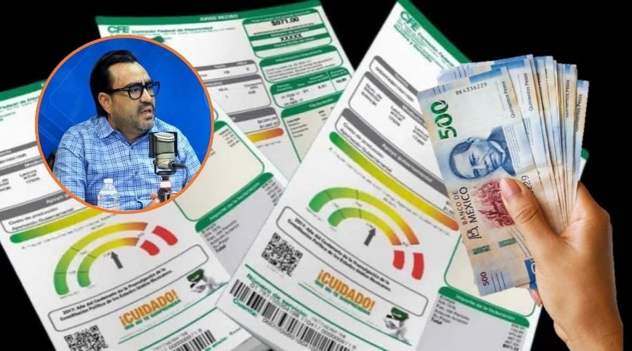 En grande recibos de CFE y una mano sosteniendo billetes de quinientos pesos