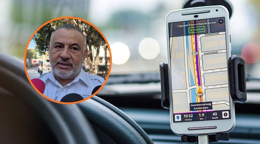 Imagen temática de un celular con un mapa, en un carro, y en un círculo Marco Osuna