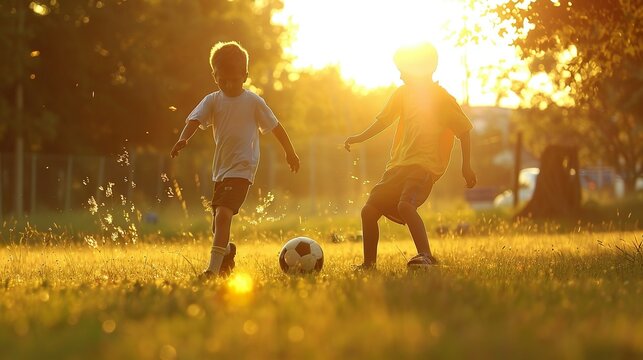 Niños jugando futbol en un campo abierto.