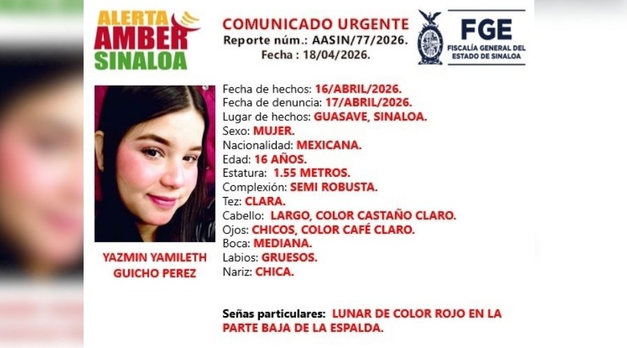 Ficha Alerta Amber de una mujer en Guasave