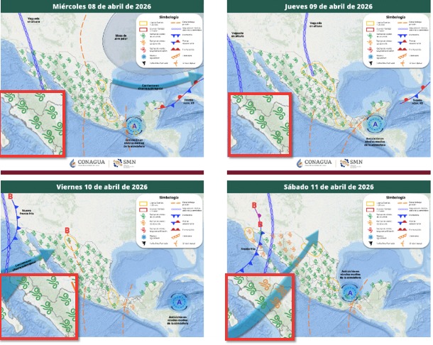 Mapas de México con flechas, líneas e íconos de viento indicando la probabilidad de tormentas en el país