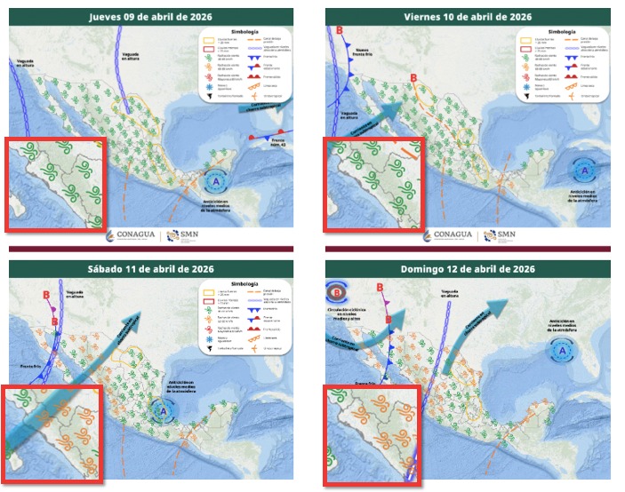 Imagen satelital de México que representa la probabilidad de tormentas con flechas y líneas
