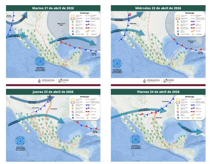 Mapas de México con flechas, líneas e íconos de viento indicando la probabilidad de tormentas en el país