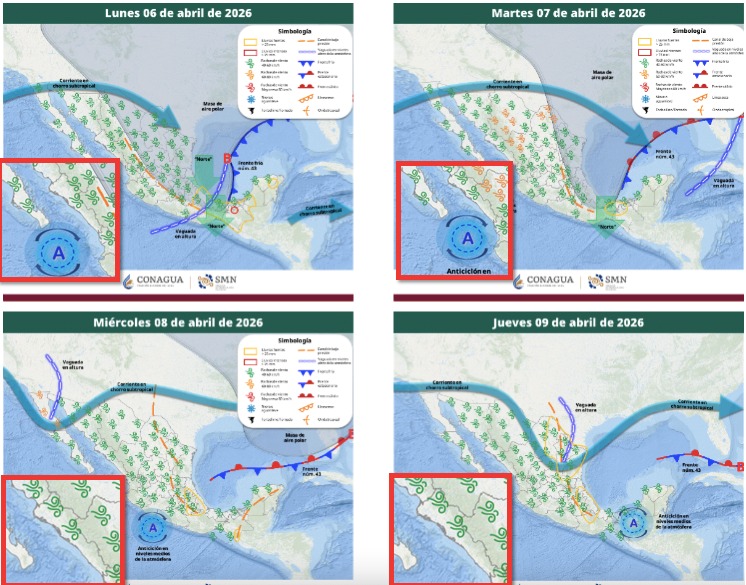 Imagen satelital de México que representa la probabilidad de tormentas con flechsas y líneas