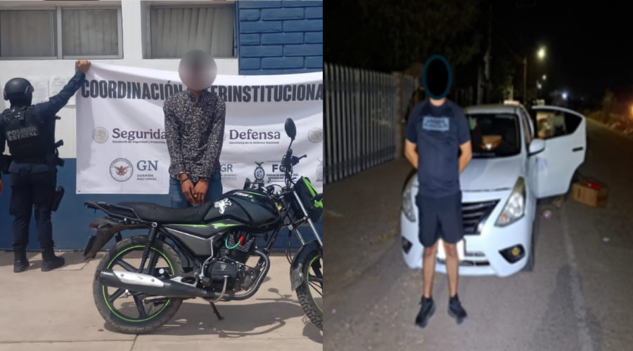 Un elemento de seguridad sosteniendo una lona junto a una persona con la cara difuminada y otro hombre con la cara con un rectángulo negro y un carro blanco en la espalda
