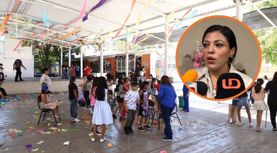 Niños celebrando en una escuela y en un círculo una persona