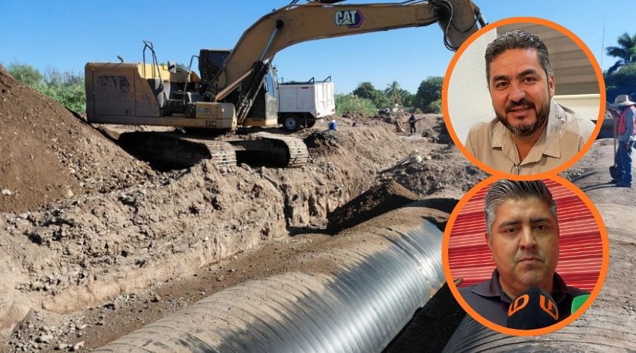 Dren en Guasave junto a un circulo con el Director general de Obras y Servicios Públicos, Rael Rivera Castro y el Director del Instituto de Protección Civil de Guasave, Macario Gaxiola Castro