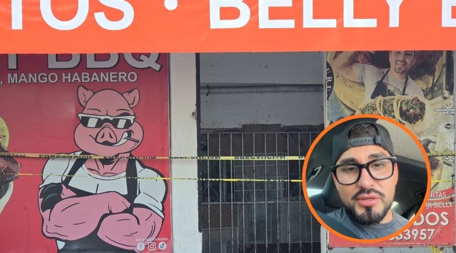 Fachada de puesto de carnitas en Culiacán color naranja junto a una persona en un circulo