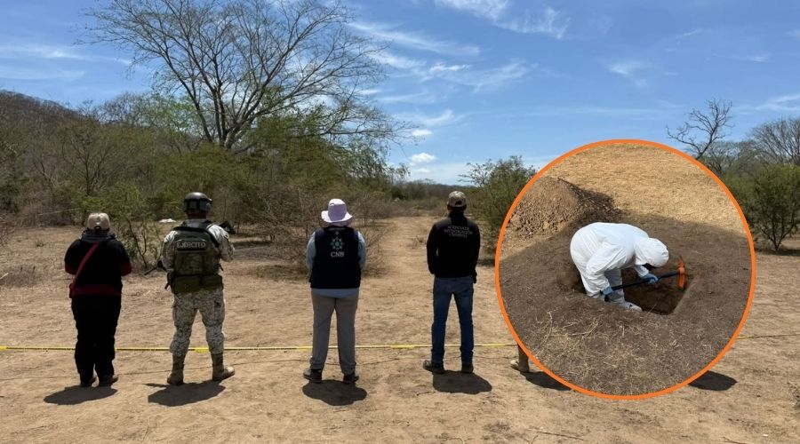 En grande personas paradas de espaldas en territorio llanoso y en circulo alguien excavando