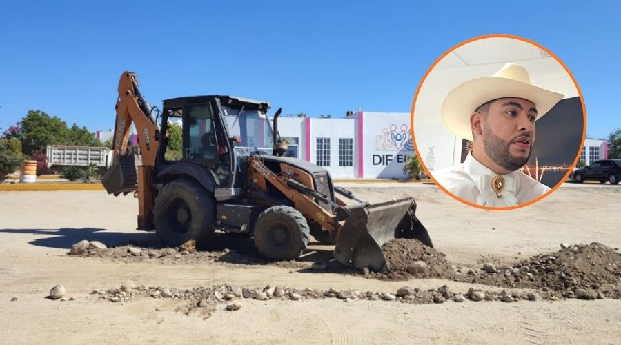 En grande maquinaria realizando trabajos de obra en calle y en circulo alcalde de Elota