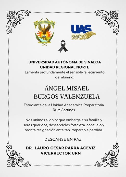 Esquela expresando el dolor por la pérdida de Ángel Misael