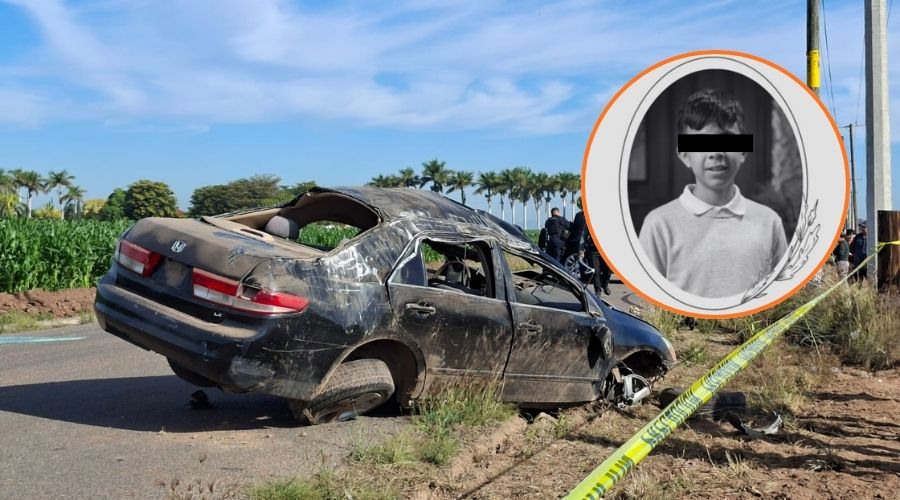 En grande auto completamente dañado en carretera y en circulo foto de un menor de edad con los ojos tapados