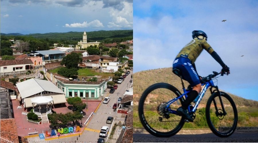 Pueblo de La Noria al sur de Sinaloa junto a una persona en bicicleta con casco y al fondo cerros