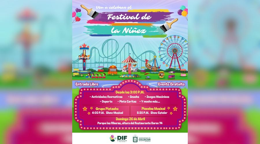 Flyer oficial de un evento del Día del Niño con colores, texto e ilustraciones
