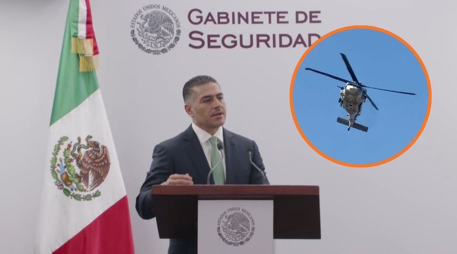 El secretario de Seguridad, Omar G. Harfuch y en círculo un helicóptero militar