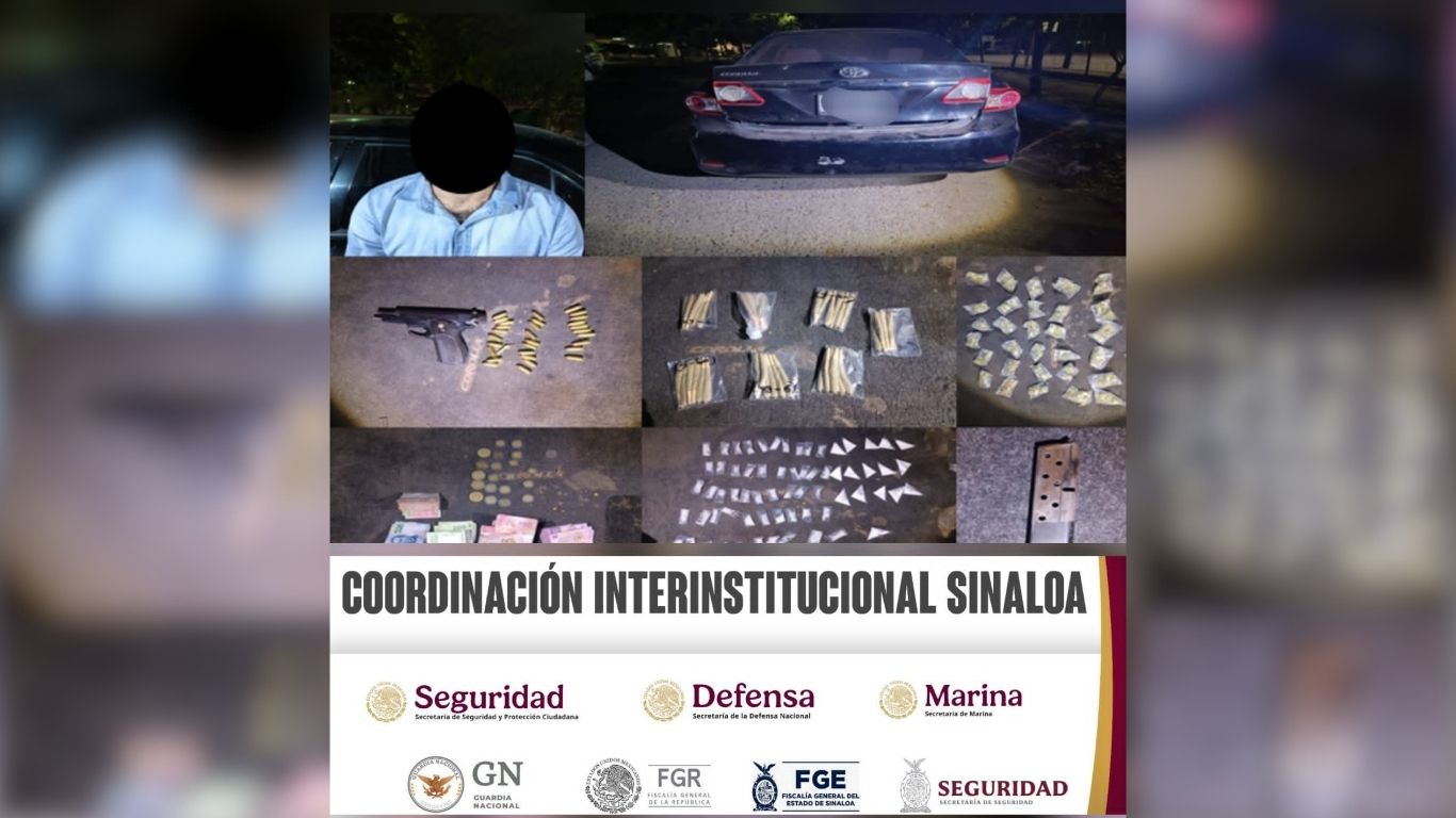 imagen de hombre detenido con objetos asegurados y logos de seguridad