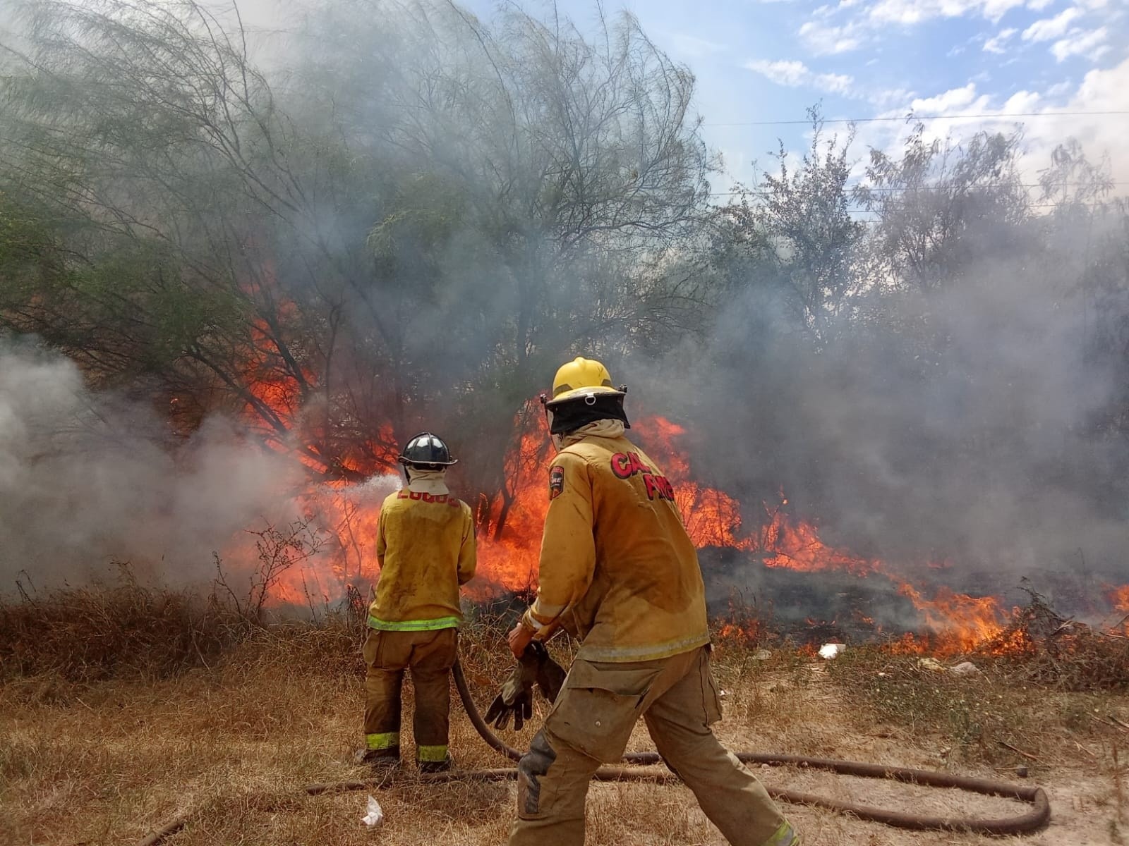 Bomberos Guasave combatiendo un incendio en un solar.