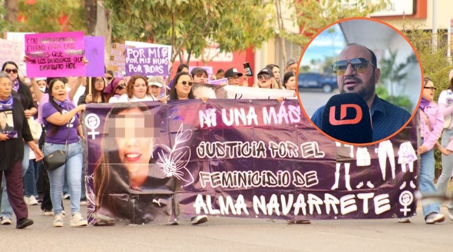 Jesús Arnoldo Serrano Castelo en un círculo y al fondo una marcha feminista