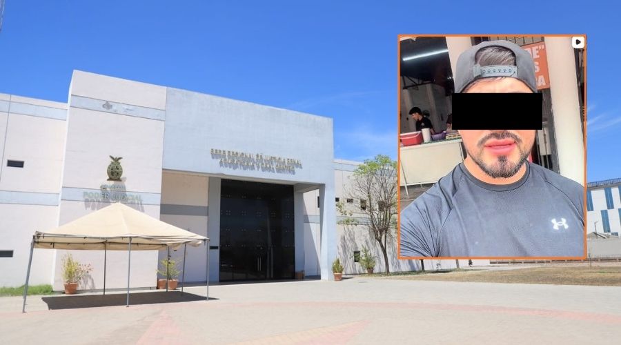 Sede Regional de Justicia Penal Acusatoria y Oral Centro y en un recuadro una imagen de Juan Carlos Taurus, influencer de Culiacán, con el rostro cubierto